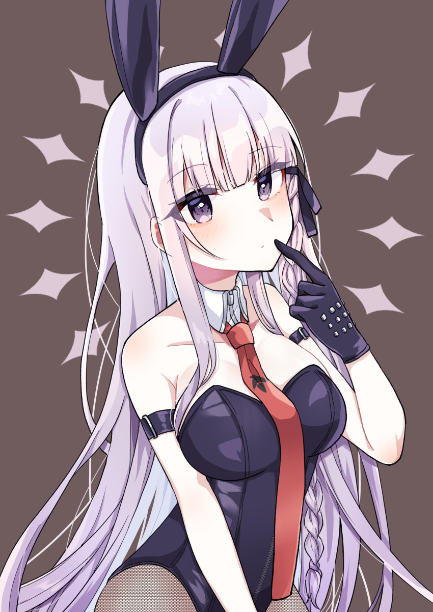 1girl, absurdres, animal_ears, bangs, black_gloves, blunt_bangs, blush, braid, breasts, closed_mouth, danganronpa:_trigger_happy_havoc, danganronpa_(series), eyebrows_visible_through_hair, fake_animal_ears, gloves, hana_no_yo, highres, kirigiri_kyouko, long_hair, medium_breasts, necktie, orange_necktie, playboy_bunny, purple_hair, side_braid, solo, violet_eyes