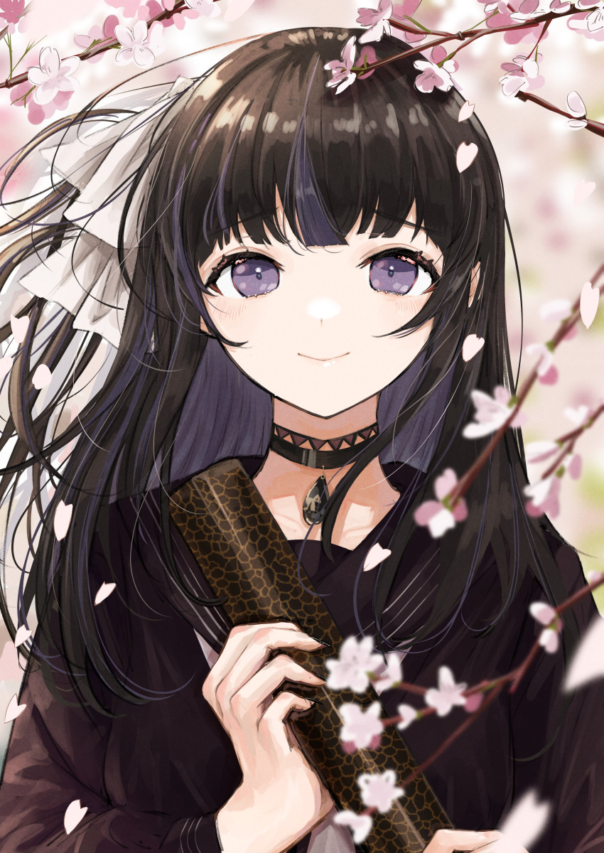 1girl, absurdres, black_choker, black_coat, black_hair, cherry_blossoms, choker, closed_mouth, coat, colored_inner_hair, eyebrows_visible_through_hair, highres, indie_virtual_youtuber, long_hair, multicolored_hair, ogura_tubuan, ribbon, ririsya, sailor_collar, school_uniform, second-party_source, serafuku, solo, streaked_hair, two-tone_hair, violet_eyes, virtual_youtuber, white_ribbon