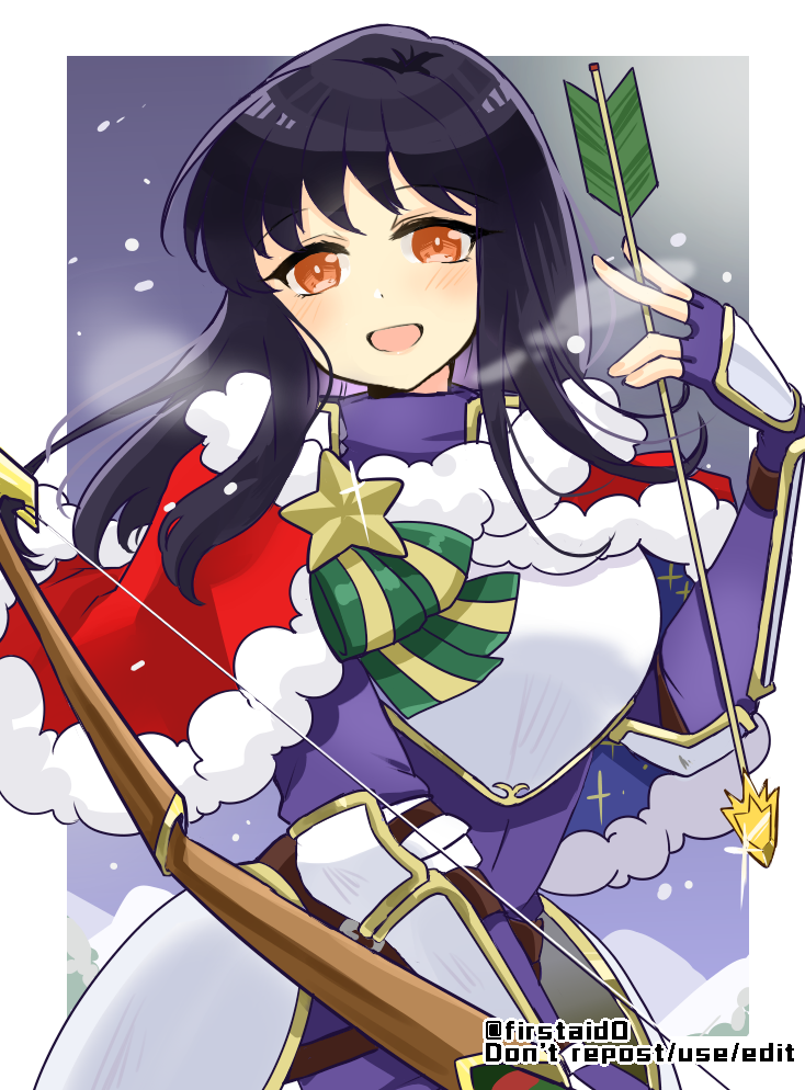 1girl, :d, arm_guards, armor, arrow_(projectile), astrid_(fire_emblem), bangs, black_hair