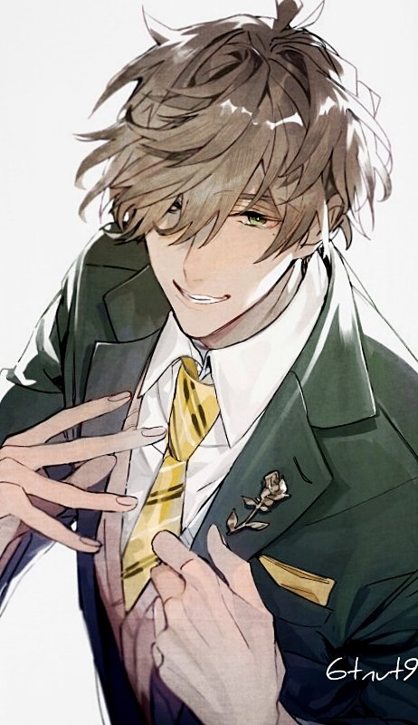 1boy, 6tnut9, artist_name, brown_hair, collared_jacket, collared_shirt, commentary_request, green_eyes