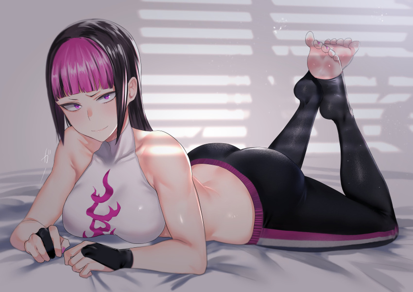 1girl, absurdres, alternate_costume, ass, bangs, bed_sheet, black_hair, black_legwear, blunt_bangs, breasts, closed_mouth, crop_top, eye_(mememem), feet, feet_up, han_juri, highres, indoors, large_breasts, long_hair, looking_at_viewer, lying, multicolored_hair, nail_polish, no_shoes, on_stomach, pink_eyes, pink_hair, print_shirt, shadow, shiny, shiny_hair, shiny_skin, shirt, short_eyebrows, sidelocks, sleeveless, smile, soles, solo, street_fighter, street_fighter_v, striped, striped_legwear, the_pose, toeless_legwear, toenail_polish, toenails, toes, white_shirt