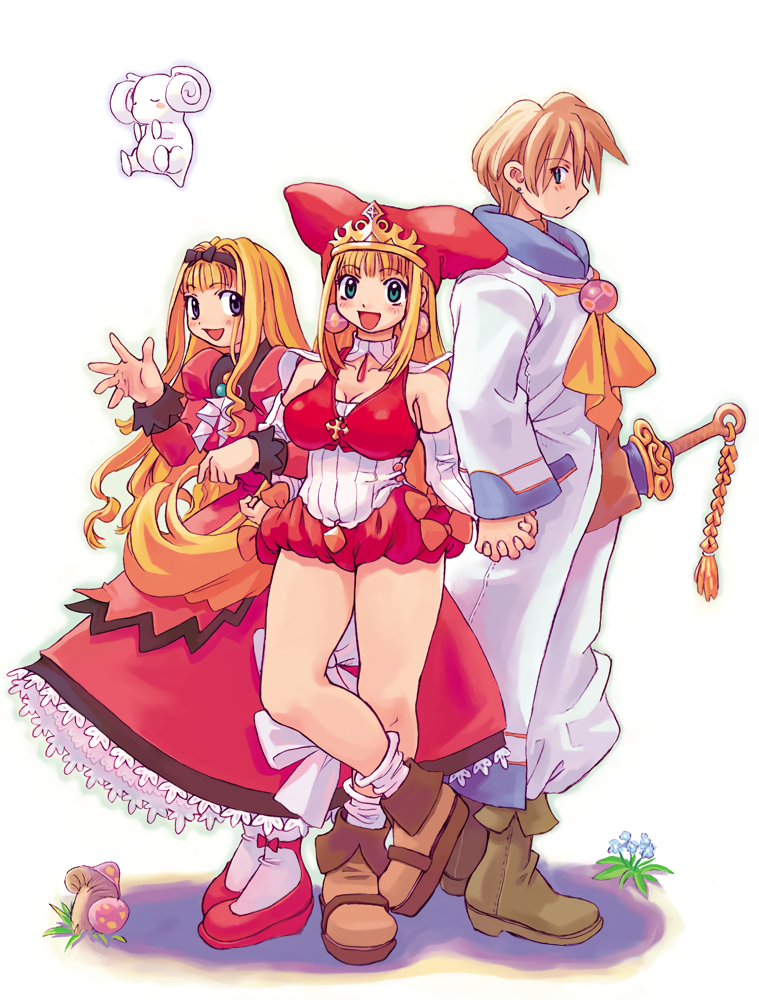 1boy, 2girls, aqua_eyes, bangs, blonde_hair, blue_eyes, boots, brown_footwear, cello_(little_princess), crea_rosenqueen, detached_sleeves, dress, earrings, eyebrows_visible_through_hair, hairband, hat, holding_hands, jester_cap, jewelry, juliet_sleeves, kururu_(little_princess), little_princess, locked_arms, long_dress, long_hair, long_sleeves, marl_kingdom, multiple_girls, mushroom, non-web_source, official_art, open_mouth, puffy_sleeves, red_dress, red_footwear, rhapsody, ryoji_(nomura_ryouji), sheath, sheathed, simple_background, sword, violet_eyes, weapon, white_background