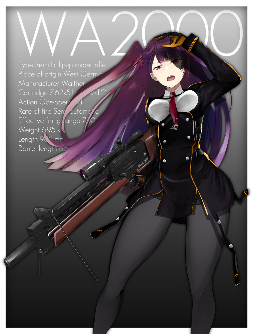 1girl, black_gloves, black_legwear, blazer, breasts, bullpup, english_text, girls_frontline, gloves, gun, hair_ribbon, holding, holding_weapon, jacket, long_hair, necktie, red_eyes, red_necktie, redhead, ribbon, rifle, side_ponytail, sniper_rifle, solo, toshinori510, wa2000_(girls'_frontline), walther, walther_wa_2000, weapon