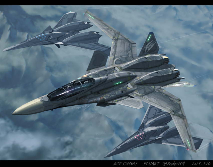 1boy, 1other, ace_combat, ace_combat_7, adf-11f_raven, aircraft, airplane, artist_name