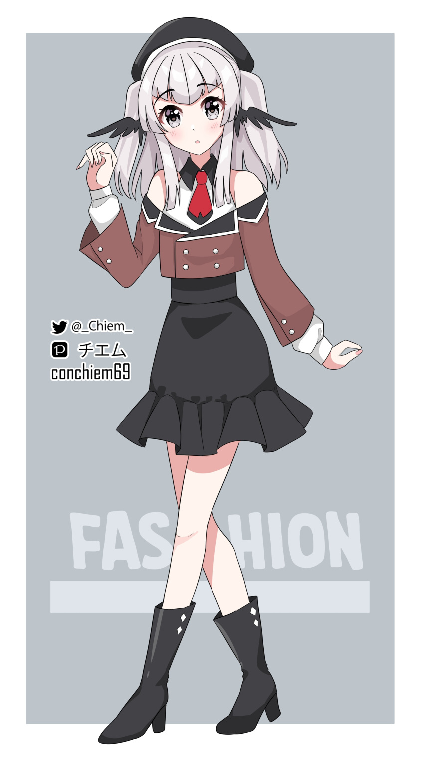 absurdres, artist_name, bangs, black_wings, boots, buttons, chiem, chiem_(vtuber)