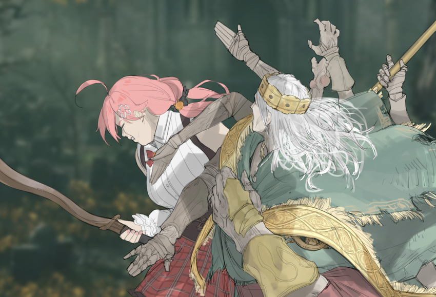 1boy, 1girl, ahoge, closed_eyes, elden_ring, extra_arms, godrick_the_grafted, hair_ornament