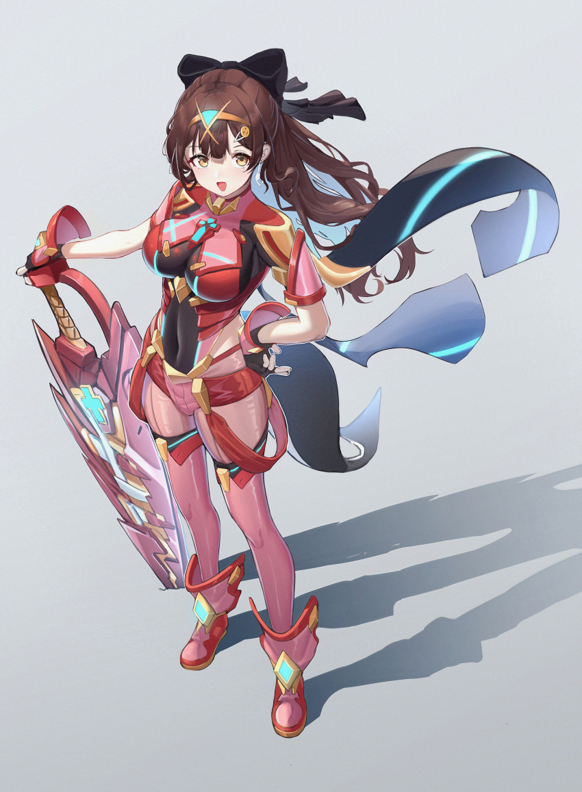 1girl, absurdres, aegis_sword_(xenoblade), bangs, black_bow, black_gloves, bodysuit, bow