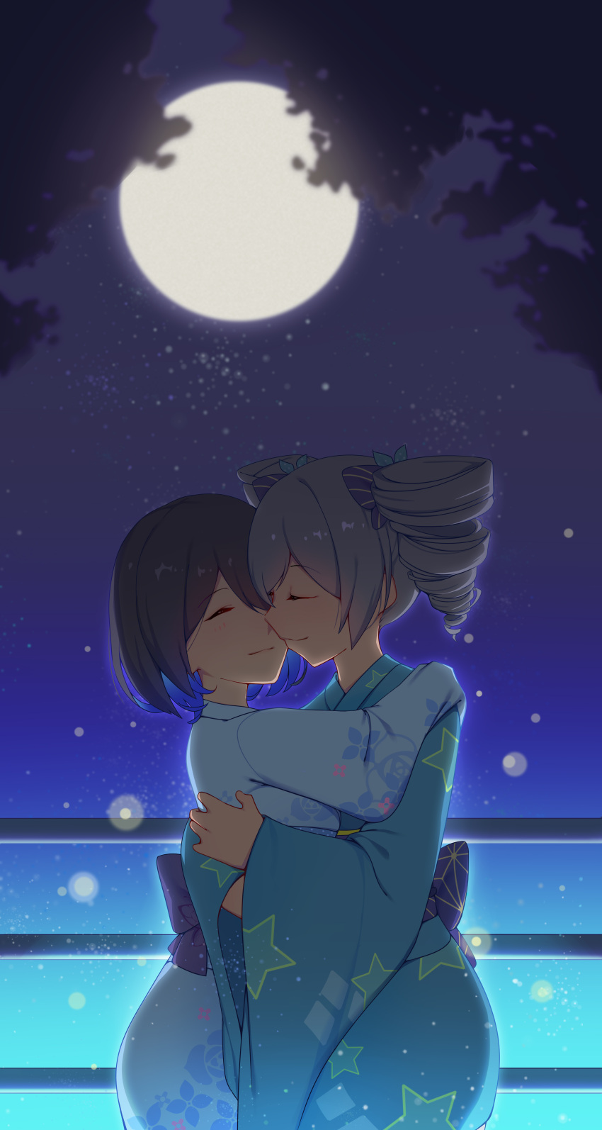 2girls, absurdres, blue_hair, blue_kimono, bow, bronya_zaychik, closed_eyes, closed_mouth