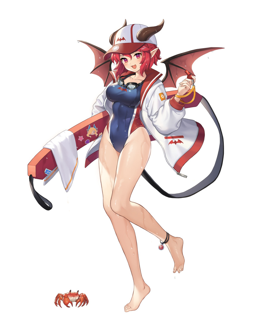 1girl, absurdres, artist_request, baseball_cap, bat_wings, collarbone, crab, goggles