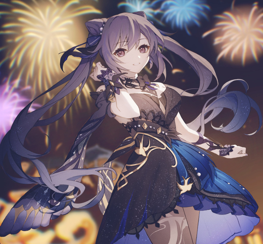 1girl, 329kome, bangs, black_bow, black_dress, black_legwear, bow, breasts, double_bun, dress, earrings, fireworks, genshin_impact, hair_ornament, hair_ribbon, highres, jewelry, keqing_(genshin_impact), keqing_(opulent_splendor)_(genshin_impact), long_hair, medium_breasts, neck_ribbon, night, outdoors, pantyhose, parted_lips, purple_hair, ribbon, sky, solo, twintails, very_long_hair, violet_eyes