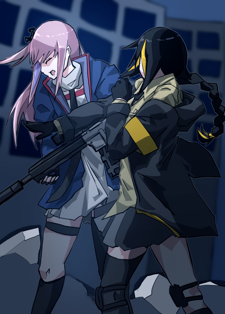 2girls, ar-15, black_legwear, black_skirt, blue_jacket, brown_hair, closed_eyes, dress