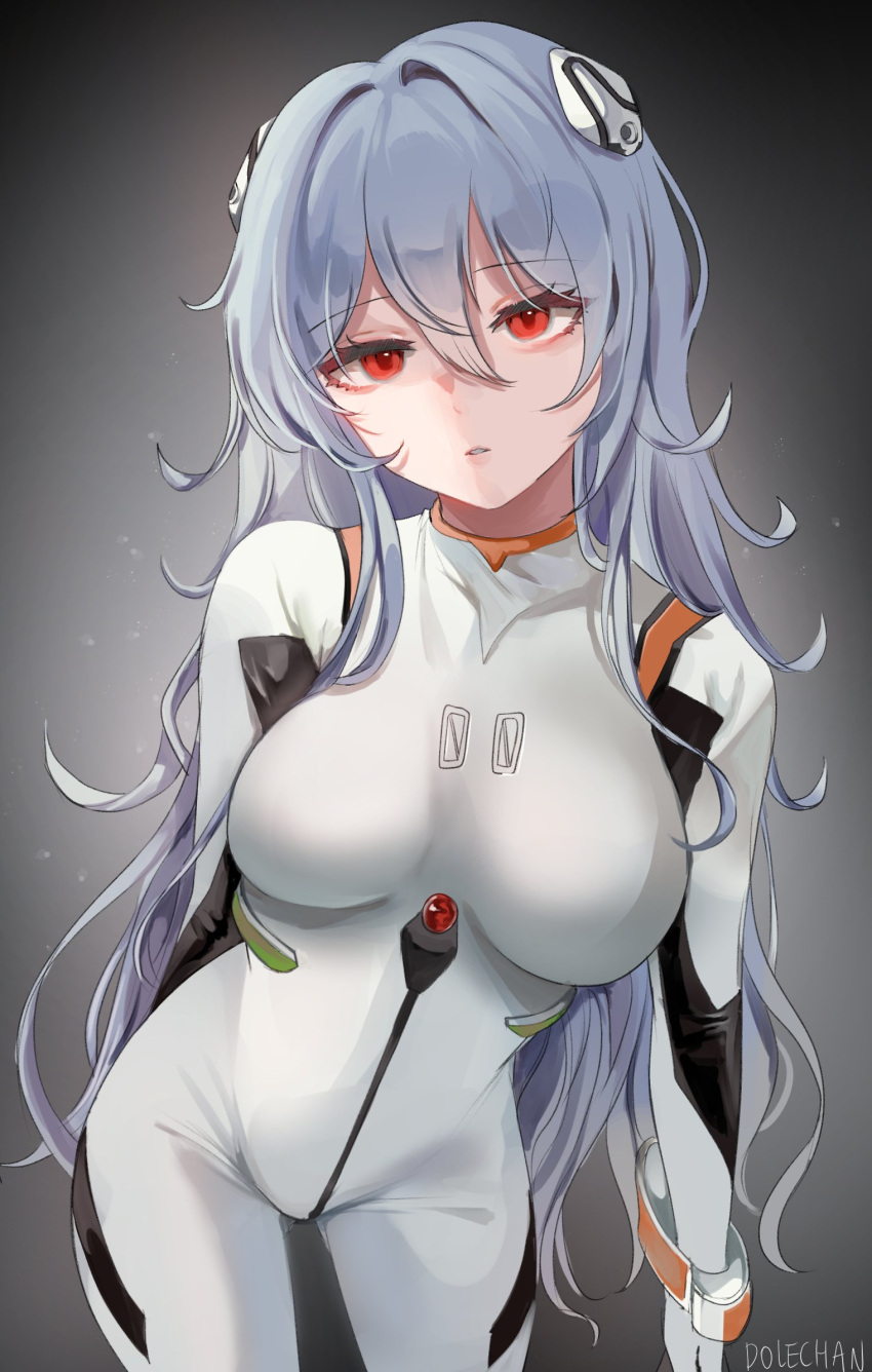 1girl, arm_behind_back, ayanami_rei, blue_hair, collarbone, covered_collarbone, dolechan, eyebrows_visible_through_hair