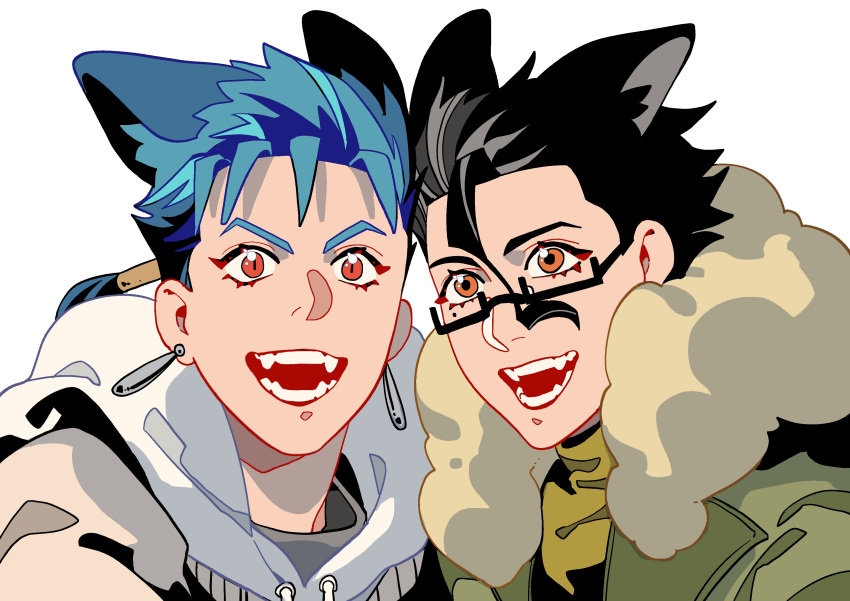 2boys, absurdres, animal_ears, bespectacled, black-framed_eyewear, black_hair, blue_hair, contemporary