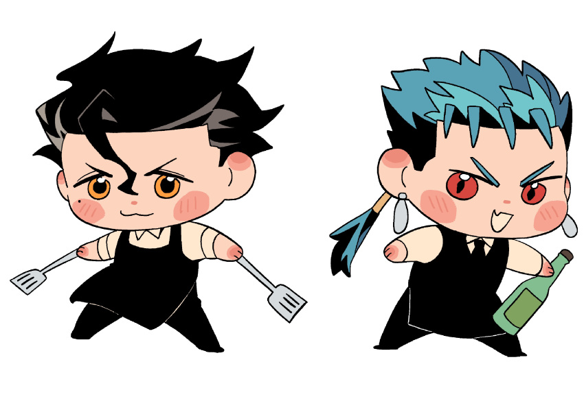 2boys, absurdres, alternate_costume, apron, black_apron, black_hair, blue_hair, blush
