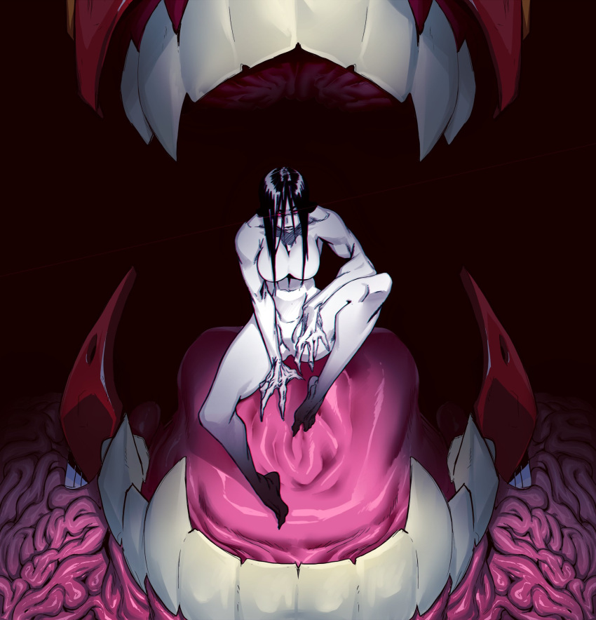 1girl, black_background, black_hair, chromatic_aberration, claws, closed_mouth, collarbone, colored_skin