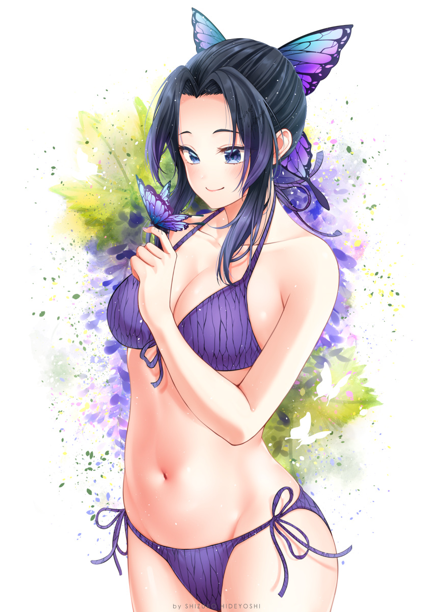 1girl, absurdres, artist_name, bikini, black_hair, blue_butterfly, blue_eyes, blush