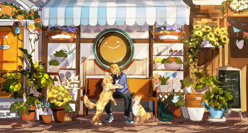 1boy, animal, blonde_hair, blue_shirt, closed_eyes, dog, flower, highres, jieli, luca_kaneshiro, medium_hair, nijisanji, nijisanji_en, open_mouth, pants, plant, shirt, shoes, shop, sitting, sneakers, solo, storefront, virtual_youtuber