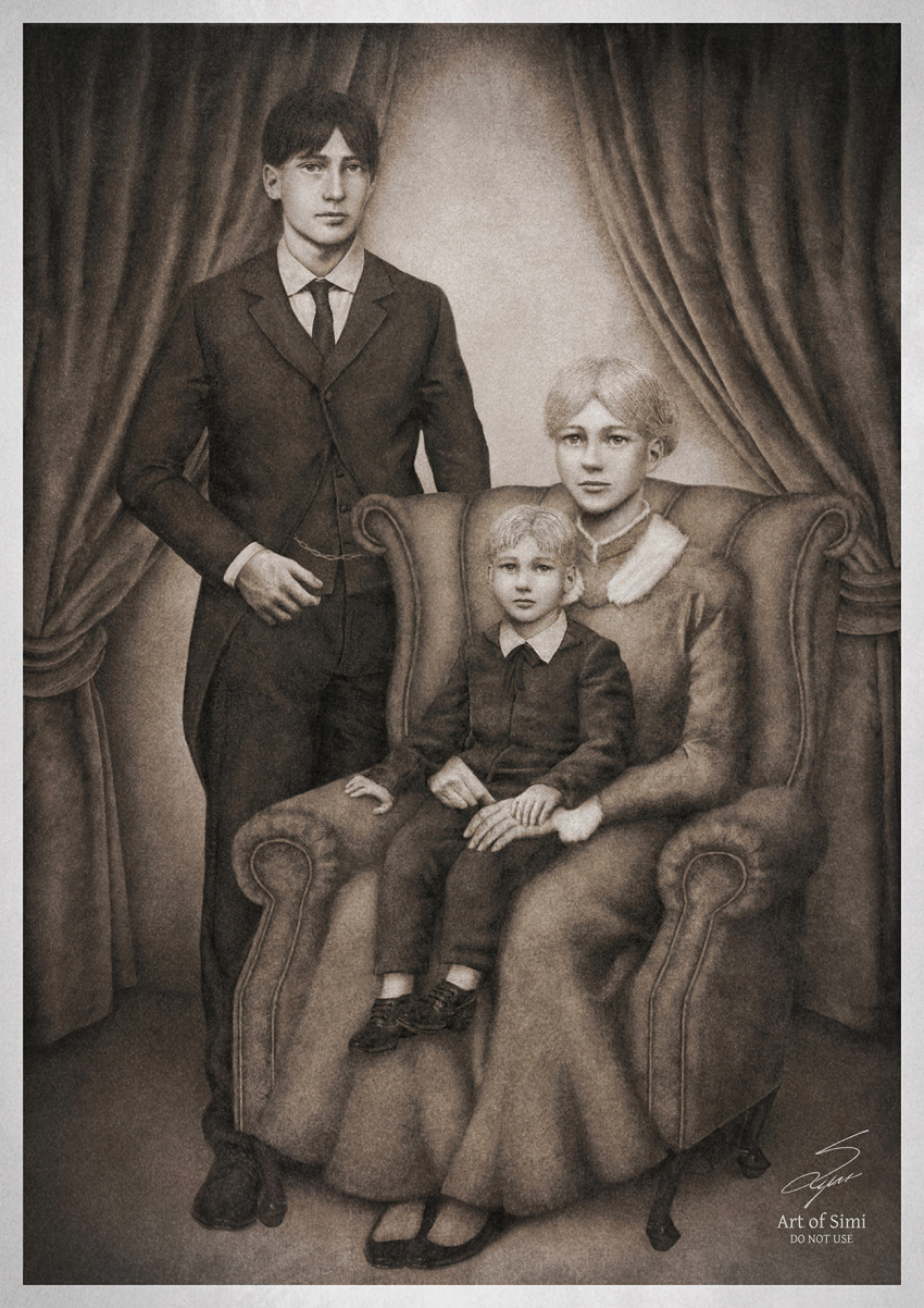 1girl, 2boys, brown_theme, child, couch, curtains, dina_fritz, family