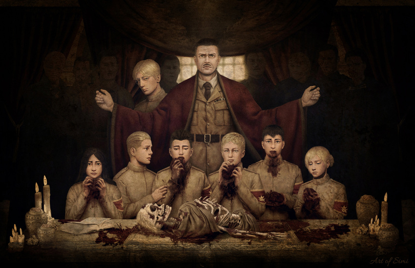 2girls, 6+boys, annie_leonhardt, bertolt_hoover, black_hair, blonde_hair, blood, blood_from_mouth