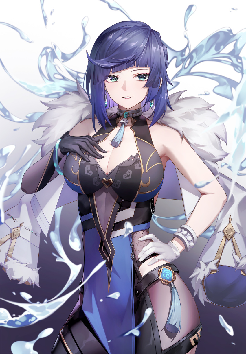 1girl, absurdres, bangs, bare_shoulders, black_gloves, blue_dress, blue_hair, blunt_bangs, bob_cut, bracelet, breasts, cowboy_shot, diagonal_bangs, dice, dress, earrings, elbow_gloves, feather-trimmed_jacket, fishnets, genshin_impact, gloves, green_eyes, hand_on_hip, hand_on_own_chest, highres, jacket, jacket_on_shoulders, jewelry, large_breasts, looking_at_viewer, multicolored_hair, neck_tassel, parted_lips, pelvic_curtain, short_hair, single_elbow_glove, single_glove, sleeveless, sleeveless_dress, solo, standing, ten-u, two-tone_hair, vision_(genshin_impact), water, water_drop, white_background, white_gloves, white_jacket, yelan_(genshin_impact)