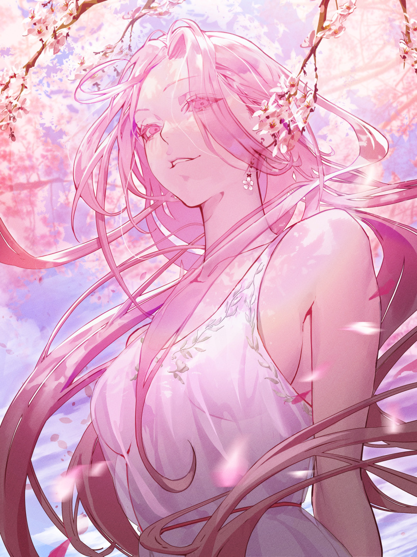 1girl, absurdres, branch, breasts, cherry_blossoms, dress, eyes_visible_through_hair, highres