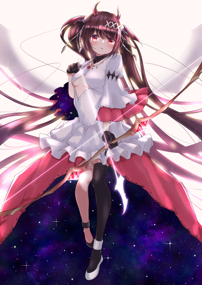 1girl, absurdres, alternate_costume, alternate_hairstyle, asymmetrical_legwear, bangs, black_gloves, black_legwear, bow_(weapon), breast_cutout, breasts, brown_hair, cleavage_cutout, clothing_cutout, clothing_request, cosplay, demon_horns, eyebrows_visible_through_hair, floating, floating_hair, gesture_request, gloves, goddess, goddess_madoka, greenteart, hair_ornament, head_tilt, highres, holding, holding_bow_(weapon), holding_weapon, horns, long_hair, looking_at_viewer, looking_to_the_side, magical_girl, mahou_shoujo_madoka_magica, medium_breasts, multicolored_hair, noripro, ouma_kirara, pink_hair, red_eyes, single_thighhigh, solo, space, thigh-highs, two-tone_hair, ultimate_madoka_(cosplay), uneven_legwear, very_long_hair, virtual_youtuber, walking, weapon, white_background, x_hair_ornament