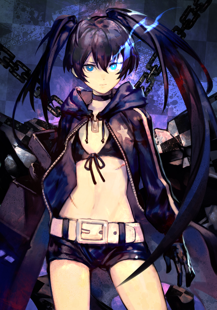 1girl, arm_cannon, arms_at_sides, bangs, belt, belt_buckle, bikini, bikini_top_only