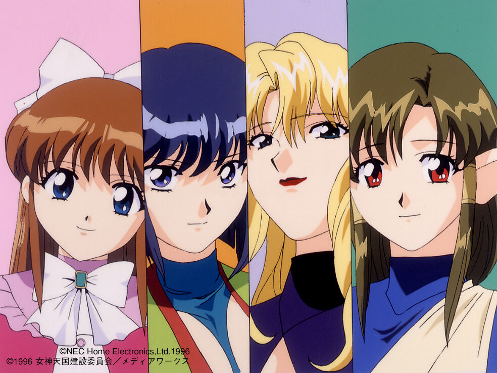 1990s_(style), 1996, 4girls, anjela, bandages, bangs, blonde_hair, blue_eyes