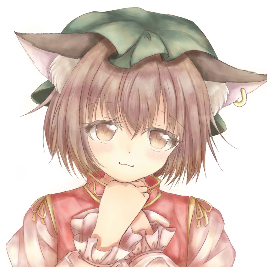 1girl, animal_ears, blush, brown_eyes, brown_hair, cat_ears, chen, earrings, fingernails, green_headwear, hat, highres, jewelry, long_sleeves, looking_at_viewer, maple_mochi, mob_cap, multiple_tails, short_hair, single_earring, solo, tail, touhou, upper_body, white_background