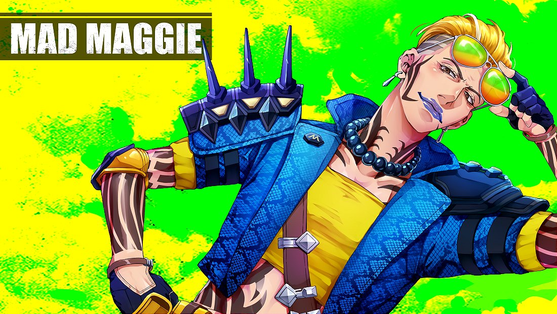 1girl, above_the_law_mad_maggie, apex_legends, blonde_hair, blue_gloves, breasts, brown_eyes, character_name
