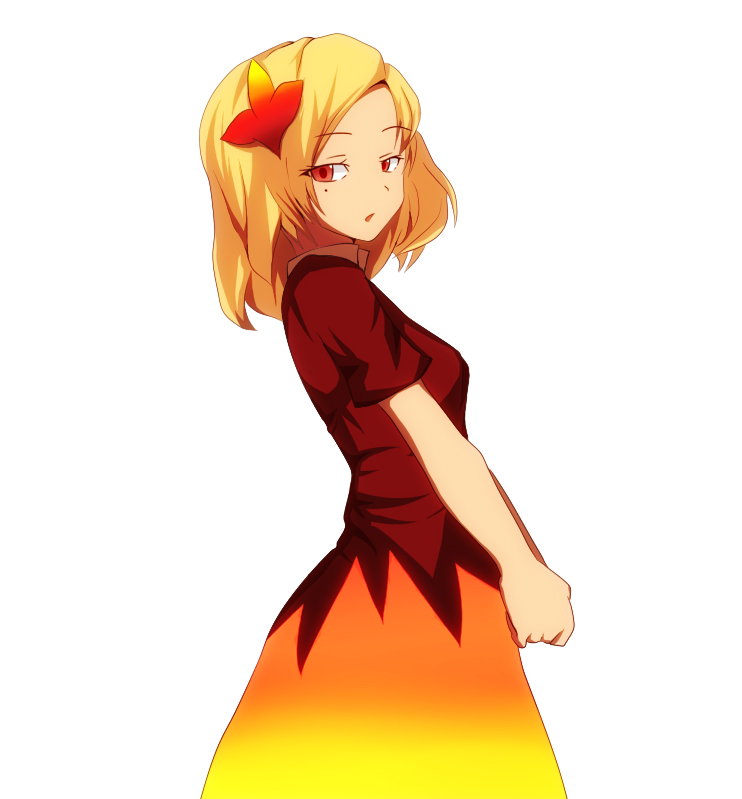 aki_shizuha, bad_id, blonde_hair, dress, leaf, mole, op, open_mouth