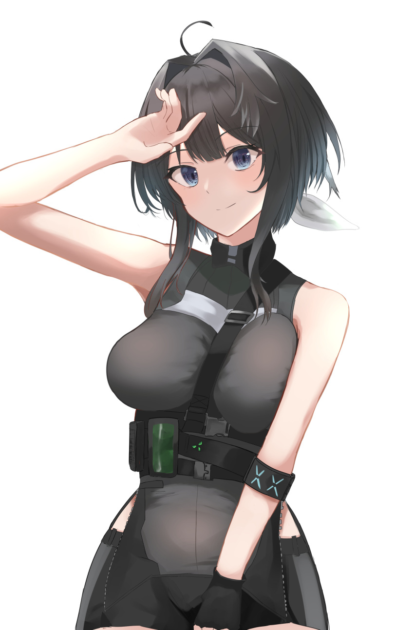 absurdres, ahoge, arknights, armband, asymmetrical_gloves, bangs, bare_arms, belt, between_legs, black_armband, black_bodysuit, black_eyes, black_gloves, bodysuit, bow, breasts, collar, commentary_request, cowboy_shot, eyebrows, eyebrows_visible_through_hair, fingerless_gloves, forehead, gloves, hair_bow, hand_between_legs, hand_to_own_head, head_tilt, highres, kunizaki, la_pluma_(arknights), medium_breasts, medium_hair, short_hair_with_long_locks, sidelocks, smile, tactical_clothes, utility_belt, utility_vest, white_bow