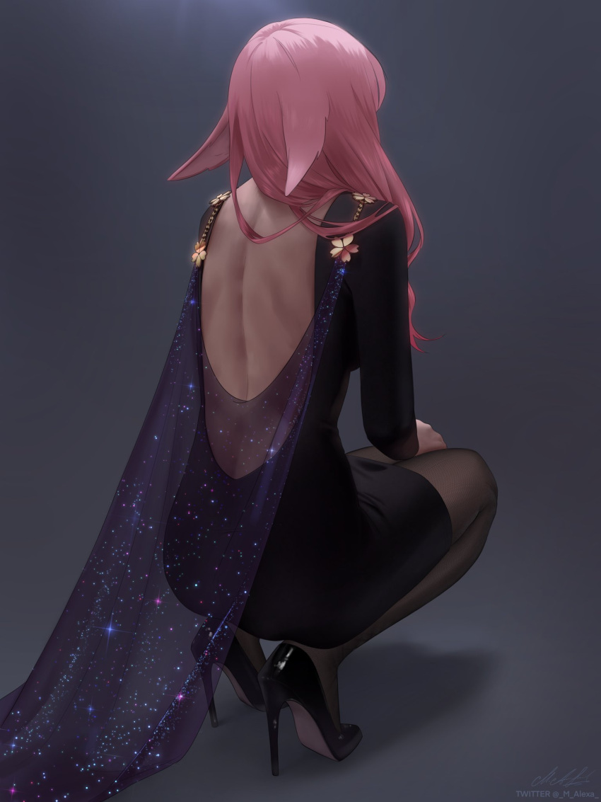 1girl, animal_ears, back, backless_dress, backless_outfit, bare_back, black_dress, black_footwear