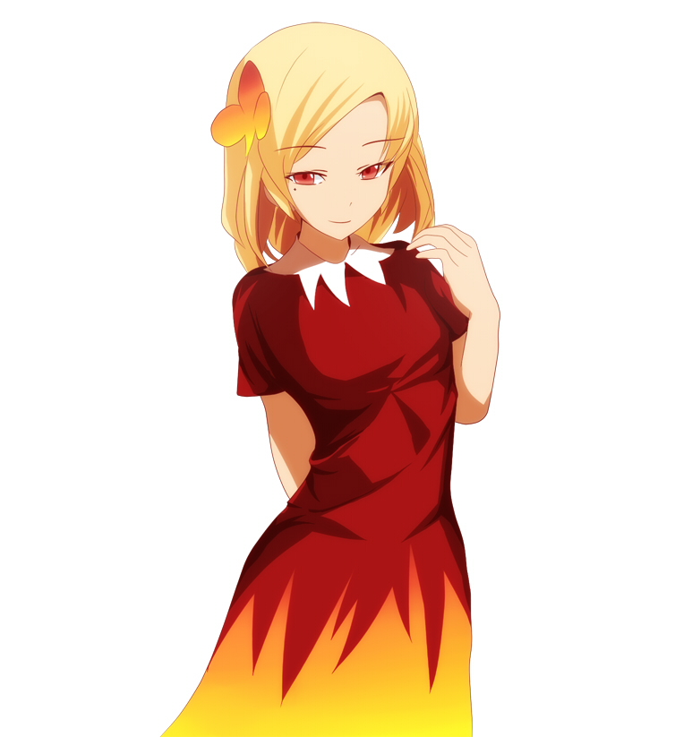 aki_shizuha, arms_behind_back, bad_id, blonde_hair, dress, hair_ornament, leaf, mole, op, red_eyes, short_hair, smile, solo, touhou, tsurime
