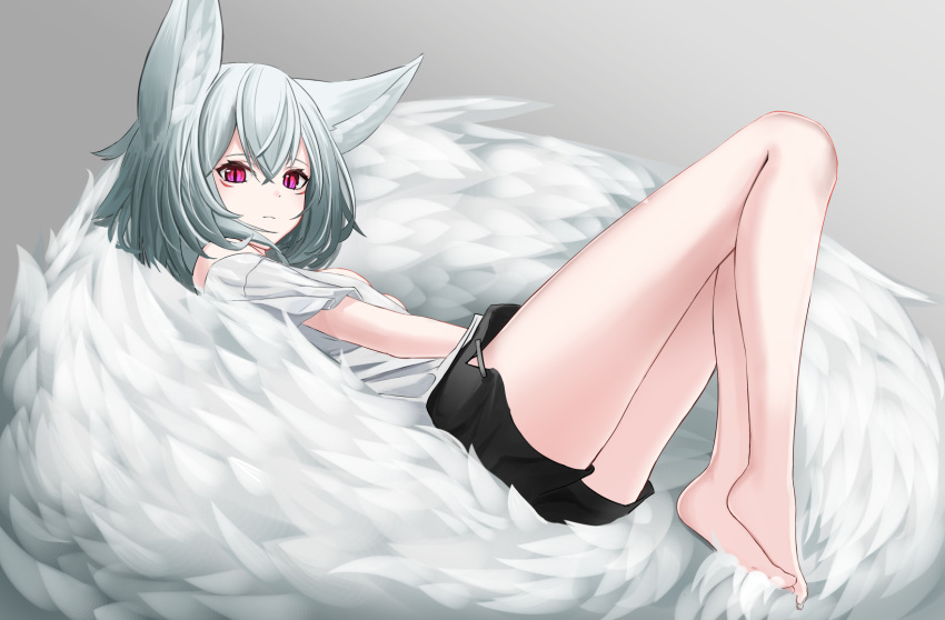 1girl, animal_ear_fluff, animal_ears, bangs, bare_legs, barefoot, black_shorts, closed_mouth