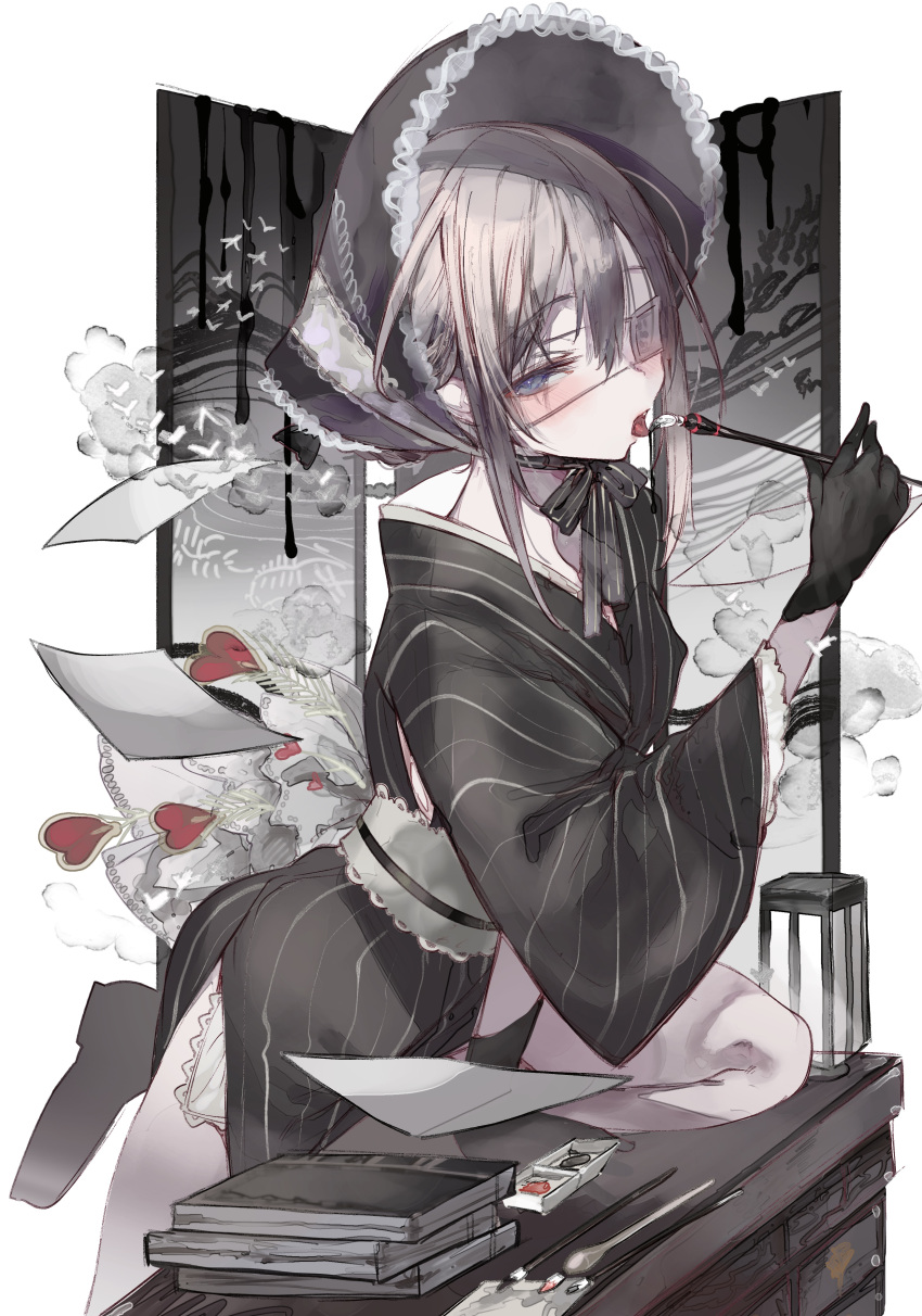 1-gou_(111touban), 1girl, absurdres, black_background, blue_eyes, bonnet, character_request, dress