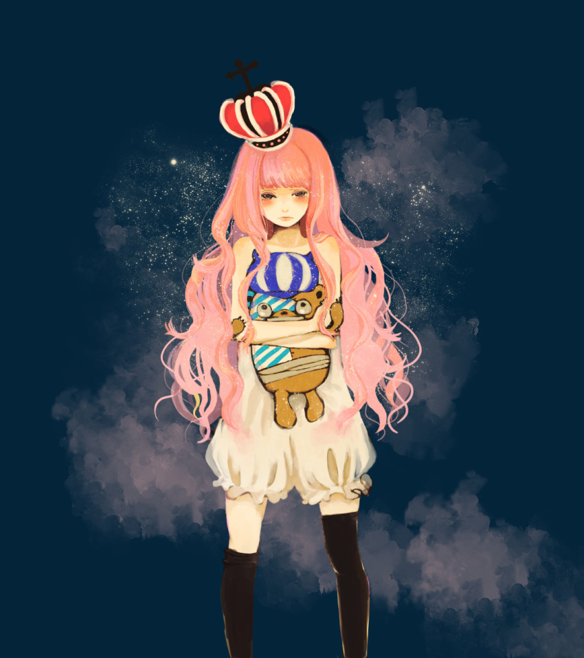 alternate_hairstyle, blush, crown, hair_down, highres, hug, kumacy, one_piece