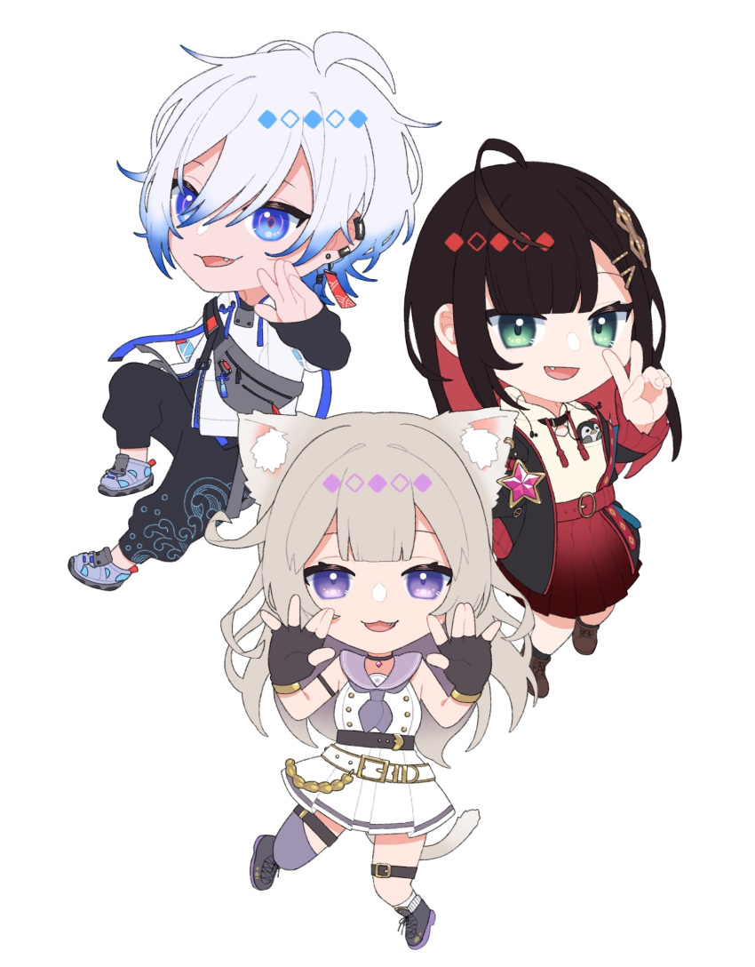 1boy, 2girls, ahoge, animal_ear_fluff, ao_hito_(_x_blank), bangs, black_gloves, black_pants