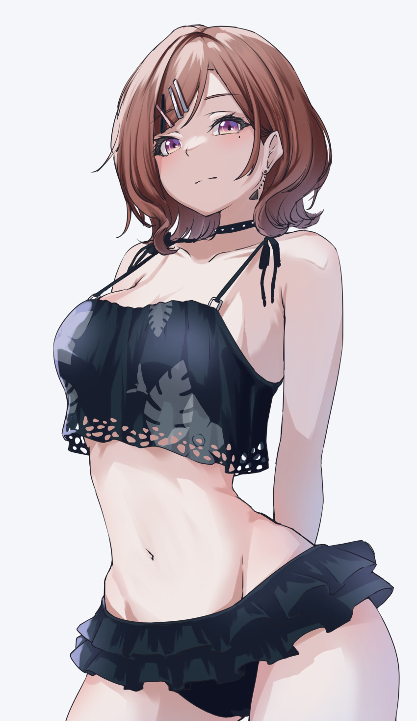 1girl, absurdres, arms_behind_back, bangs, black_swimsuit, blush, breasts, brown_hair