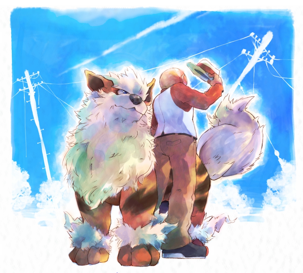 1boy, arcanine, bald, cloud, dog, formal, fur, hat