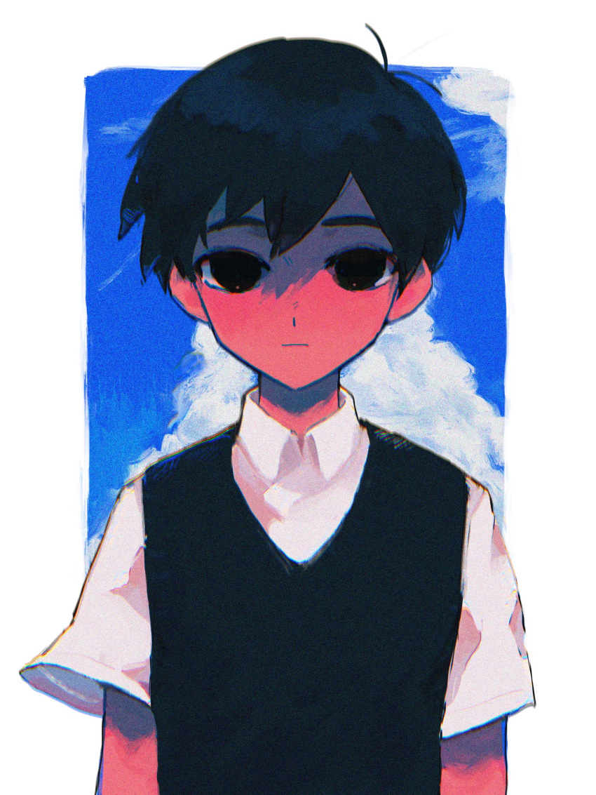 1boy, bangs, black_eyes, black_hair, black_sweater_vest, clouds, cloudy_sky, collared_shirt, commentary, expressionless, highres, hinshi_hp0, looking_at_viewer, male_focus, no_pupils, omori, shirt, short_hair, sky, solo, sunny_(omori), sweater_vest, symbol-only_commentary, upper_body, white_background, white_shirt