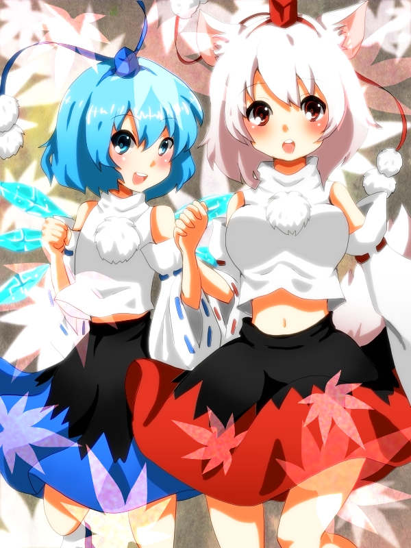 animal_ears, bad_id, bare_shoulders, blue_eyes, blue_hair, blush, cirno, cosplay