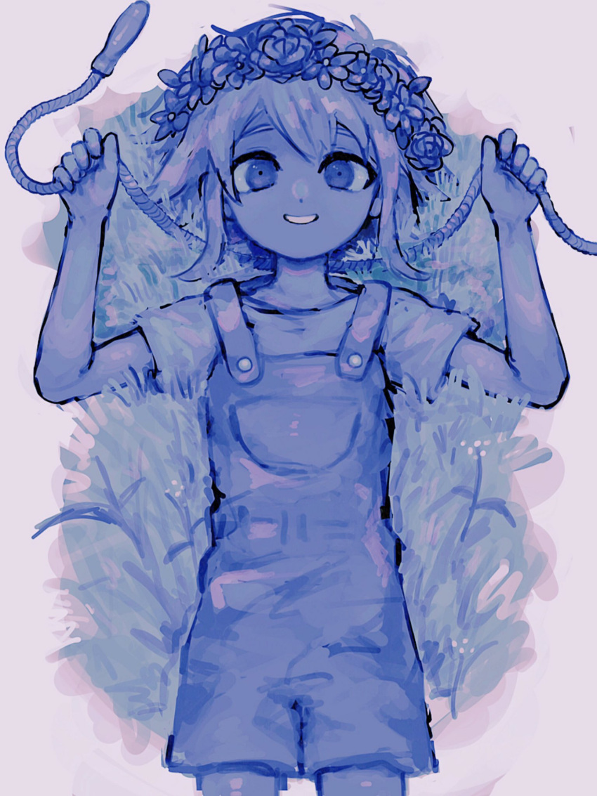 1boy, bangs, basil_(omori), blue_theme, commentary, cowboy_shot, denim, flower_wreath