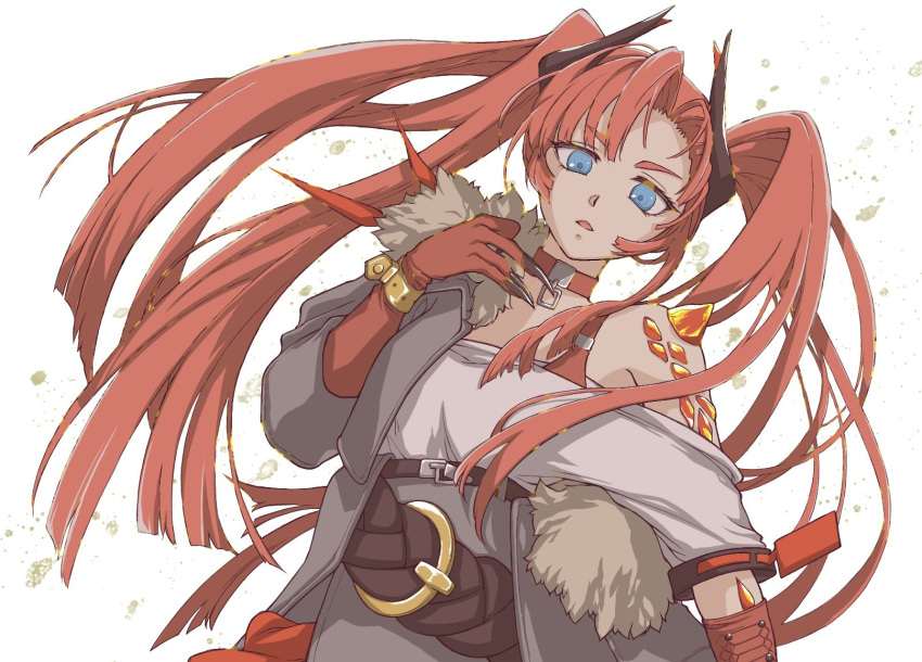1girl, arknights, belt, blue_eyes, bonjirix, collar, dragon_horns, fingernails, fur-trimmed_jacket, fur_trim, highres, horns, jacket, leaning_to_the_side, long_hair, oripathy_lesion_(arknights), redhead, sharp_fingernails, toddifons_(arknights), twintails