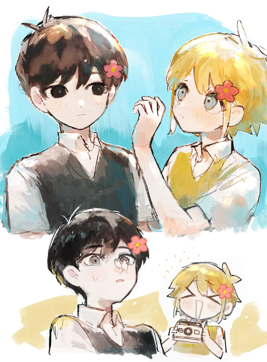 >_<, 2boys, :d, absurdres, bangs, basil_(omori), black_eyes, black_hair
