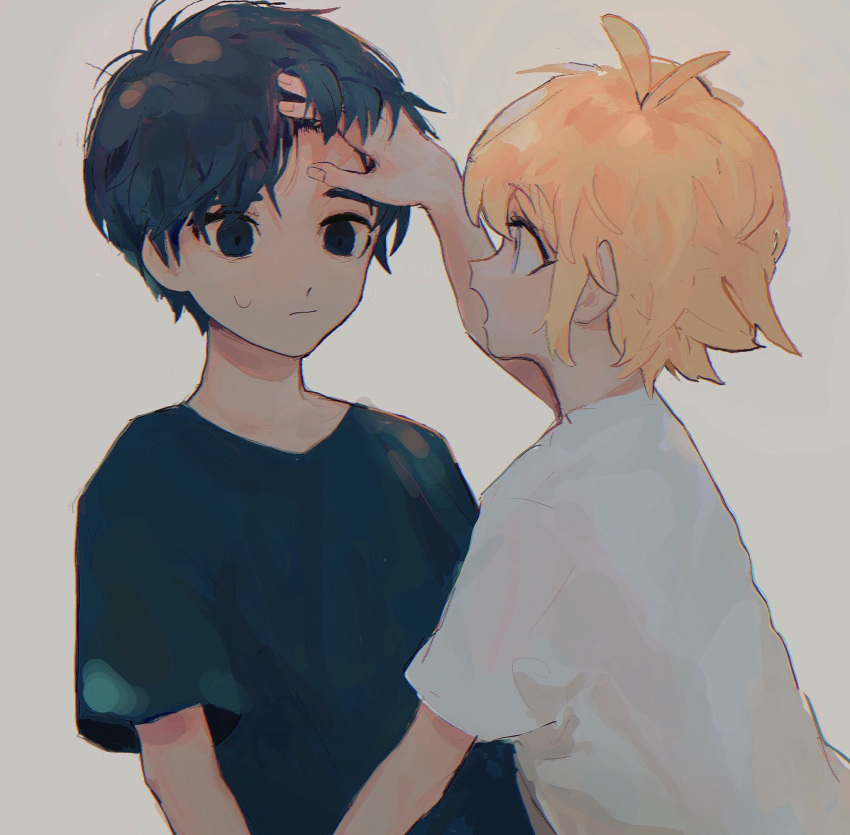 2boys, bangs, basil_(omori), black_eyes, black_hair, black_shirt, blonde_hair, blue_eyes, commentary_request, empty_eyes, grey_background, hand_on_another's_head, highres, hinshi_hp0, looking_at_another, male_focus, multiple_boys, omori, shirt, short_hair, sunny_(omori), sweat, sweatdrop, t-shirt, white_background, white_shirt