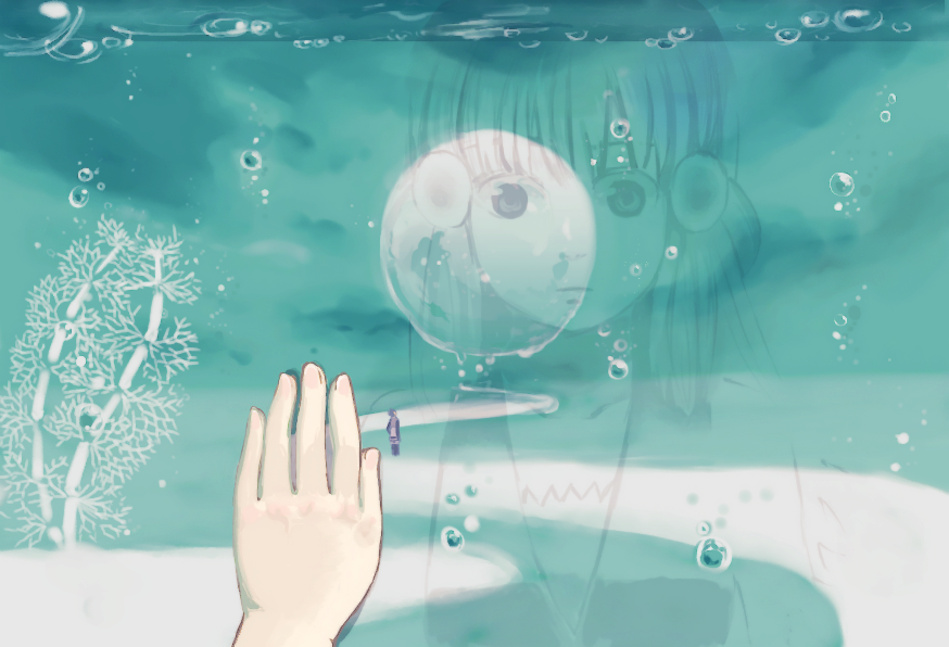 akagi_(pokemon), aquarium, bad_id, bubble, hand_on_glass, hikari_(pokemon), pokemon, reflection