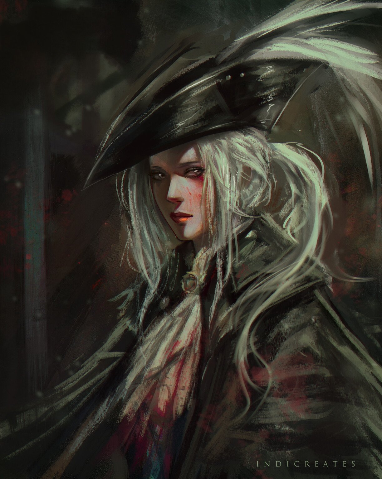 1girl, artist_request, ascot, blood, bloodborne, blue_eyes, coat, gem