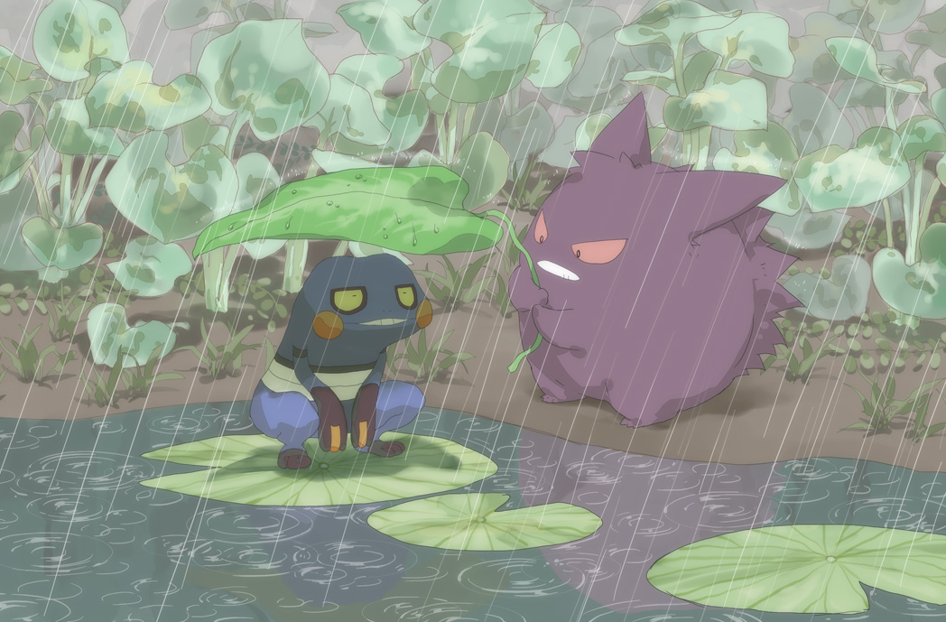closed_eyes, emunise, friends, gengar, leaf_umbrella, nature, no_humans, pokemon