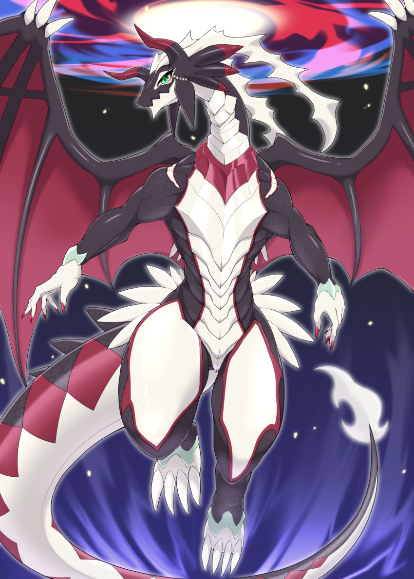 aqua_eyes, claws, closed_mouth, commentary_request, dragon, dragon_horns, dragon_tail, dragon_wings